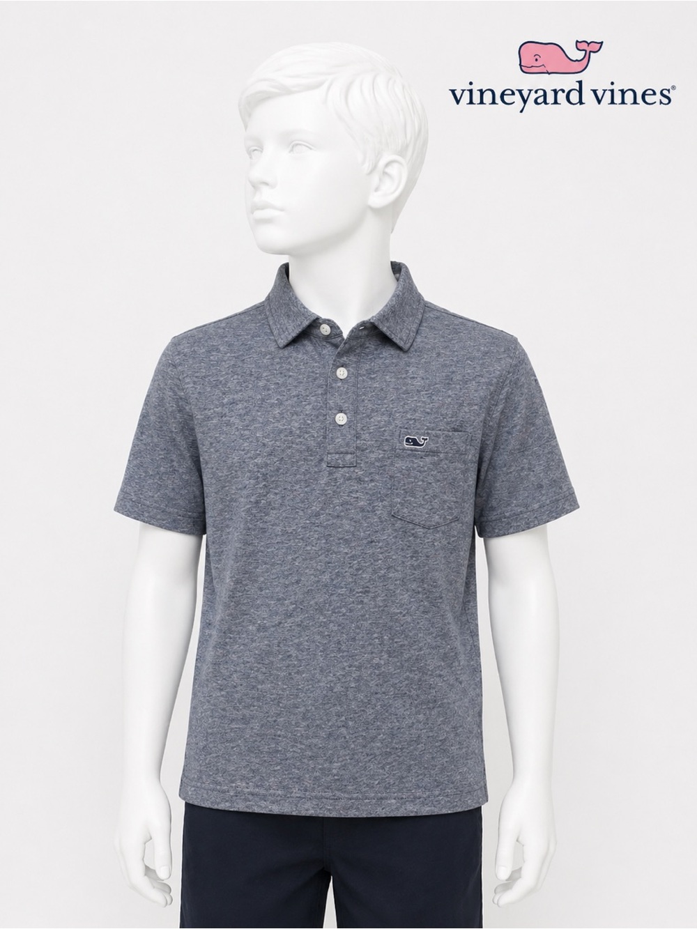 Vineyard Vines Boys Heathered Blue Polo Shirt - Size Large